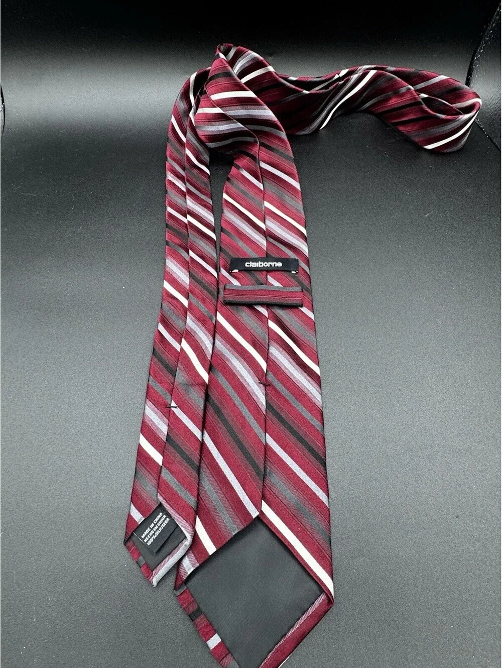 Claiborne Silk Tie Burgundy Black Gray Striped 59”x3.25” Preppy School Wedding